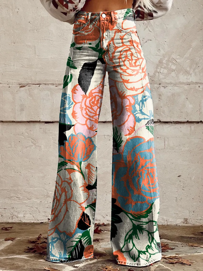 Retro Floral Art Casual Wide-Leg Pants
