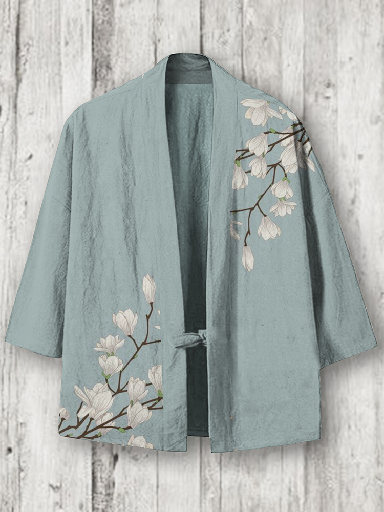 Japanese Art Floral Printed Linen Blend Kimono