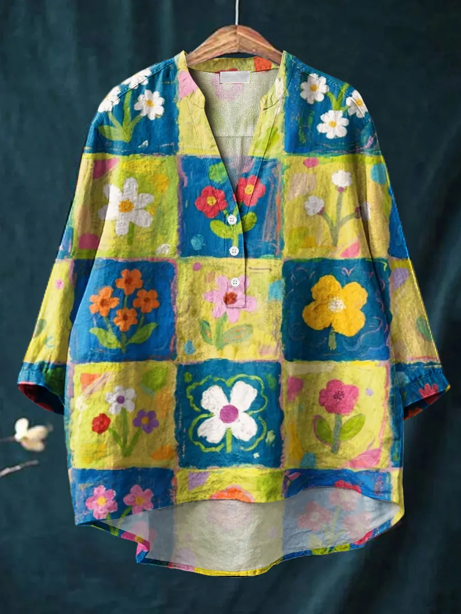 Beautiful Colorful Floral Plaid Painting Art Print Casual Cotton & Linen Ruffle Shirt