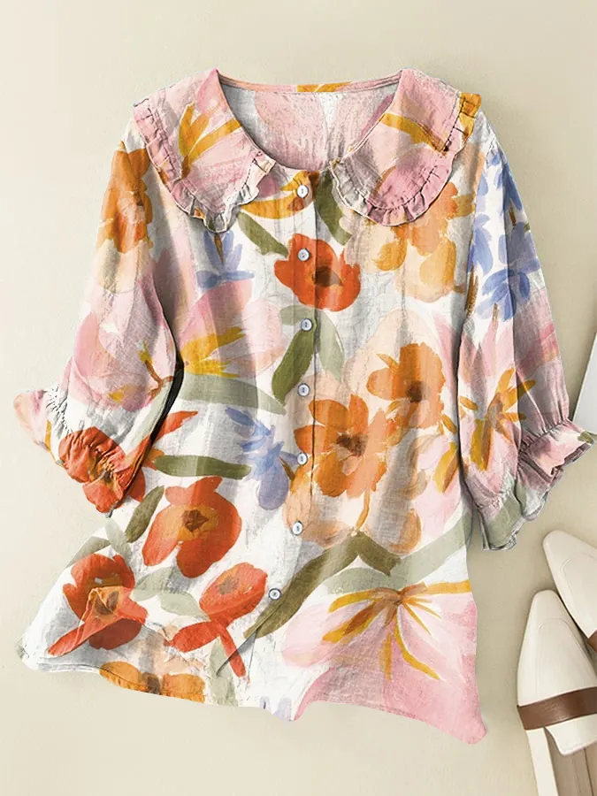 Vintage Floral Cotton & Linen Peter Pan Ruffle Collar Shirt