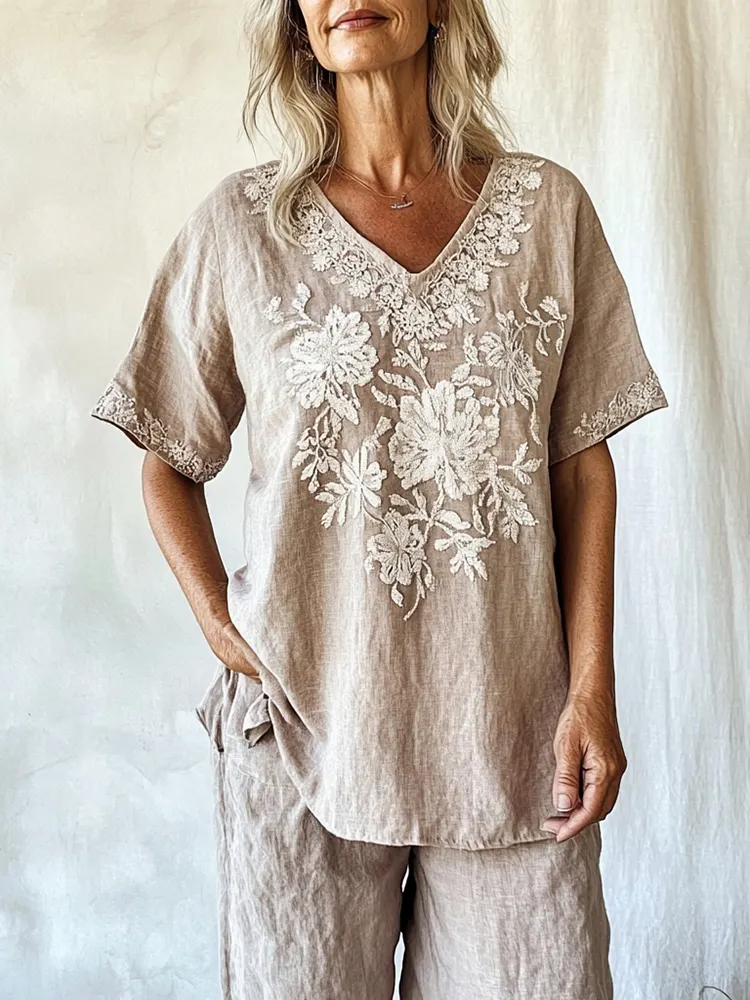 Vintage Floral Pattern Cotton & Linen V-neck Shirt