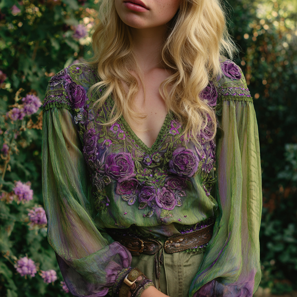 Vintage Purple Rose Embroidery Linen V Neck Long-Sleeve Shirt