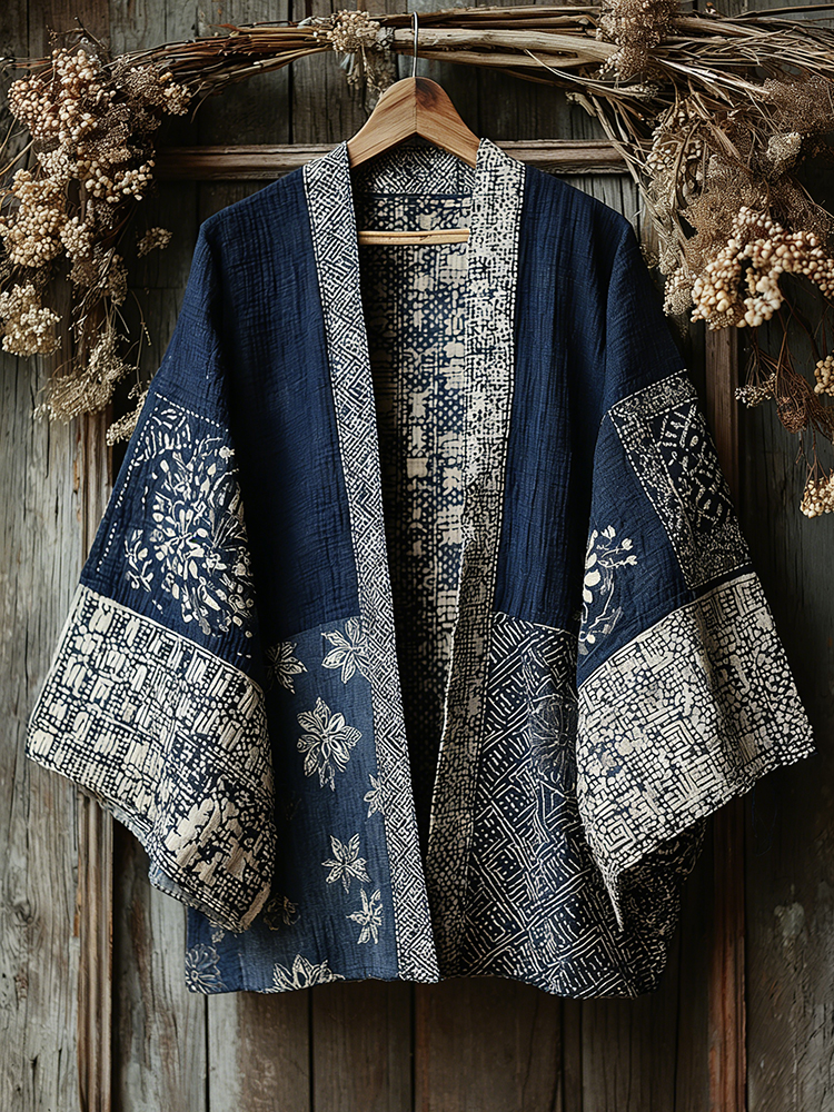 Retro Japanese Traditional Sashiko With Sakura Art Print Cotton & Linen Blend Kimono Cardigan