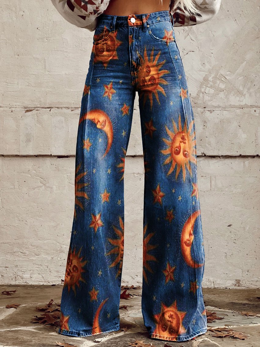 Vintage Print Casual Wide-Leg Pants