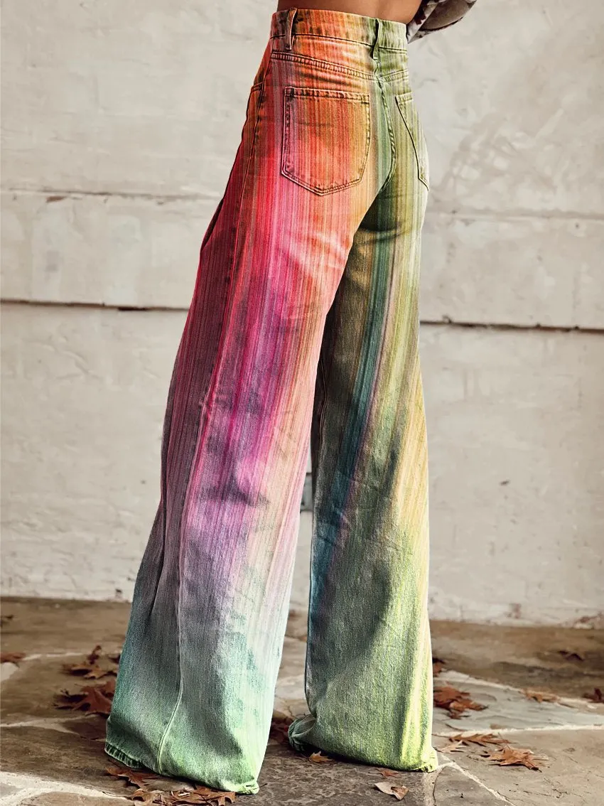 Vintage Print Casual Wide-Leg Pants
