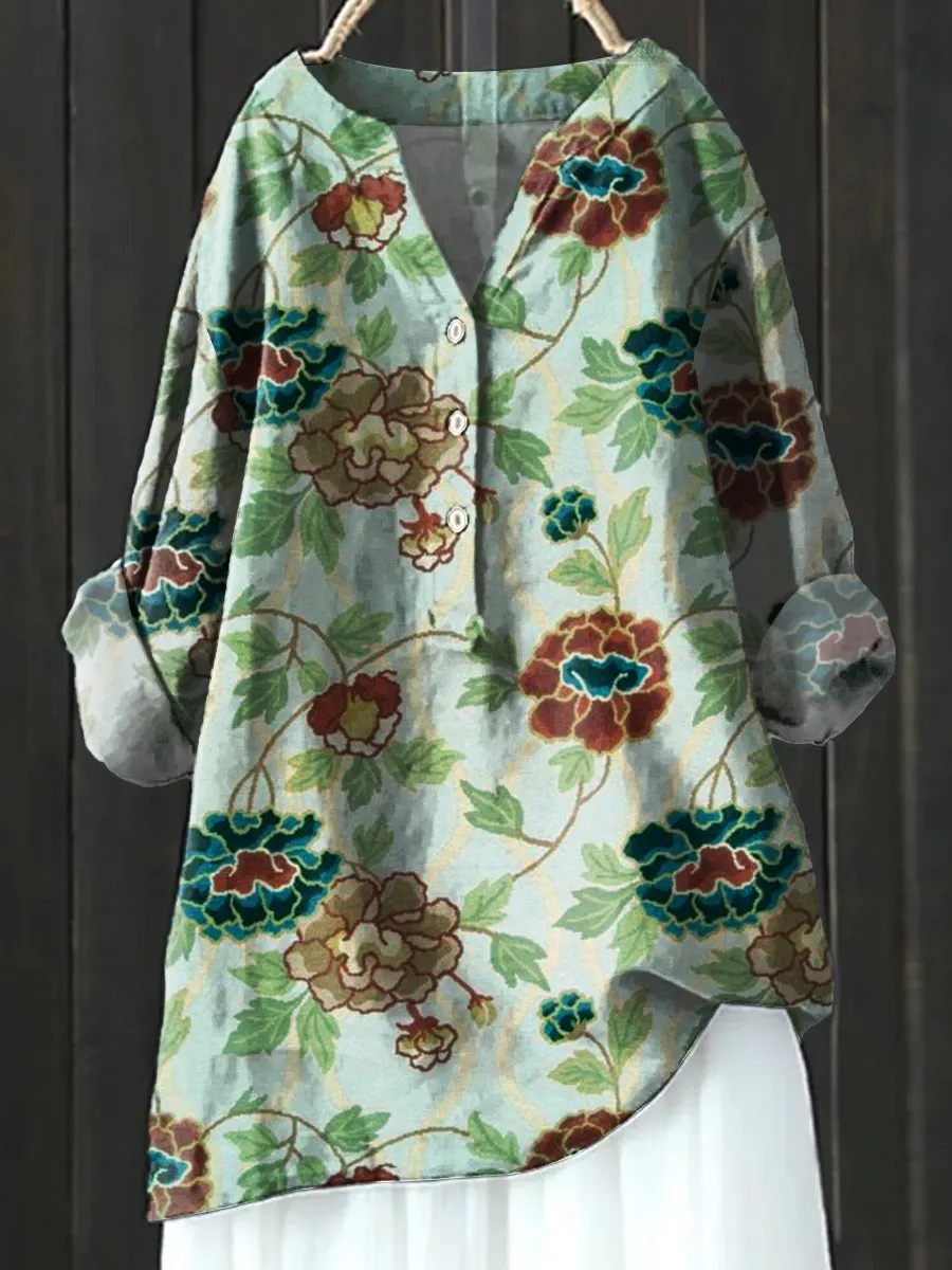 Floral Art Print Casual Cotton & Linen Shirt