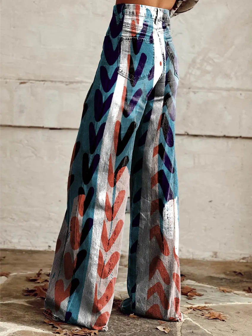 White, Red & Blue Heart Print Casual Wide-Leg Pants