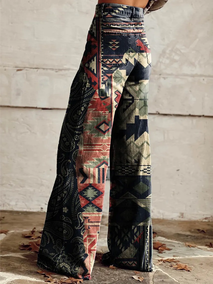 Aztec Collage Print Casual Wide-Leg Pants