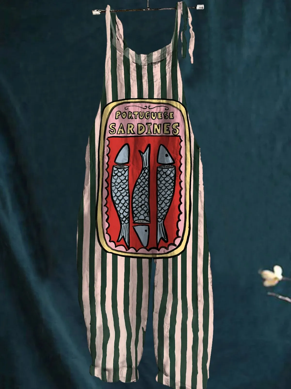 Canned Sardines with Pink & Green Lines Print Casual Wide-Leg Jumpsuit