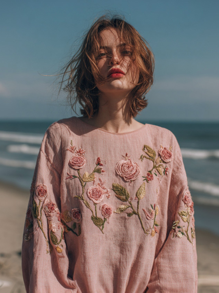 Women's Bohemian Rose Embroidered Round Neck Comfortable Top