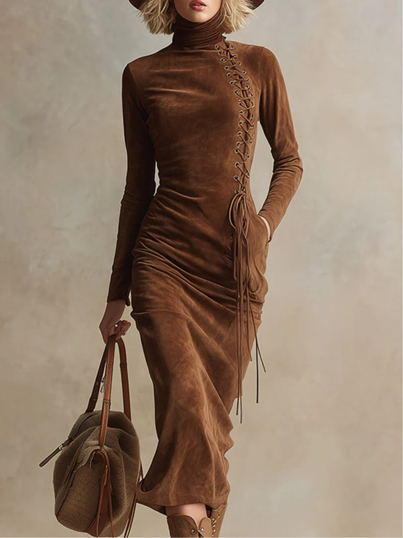Vintage Brown High-neck Lace-up Suede Midi Dress