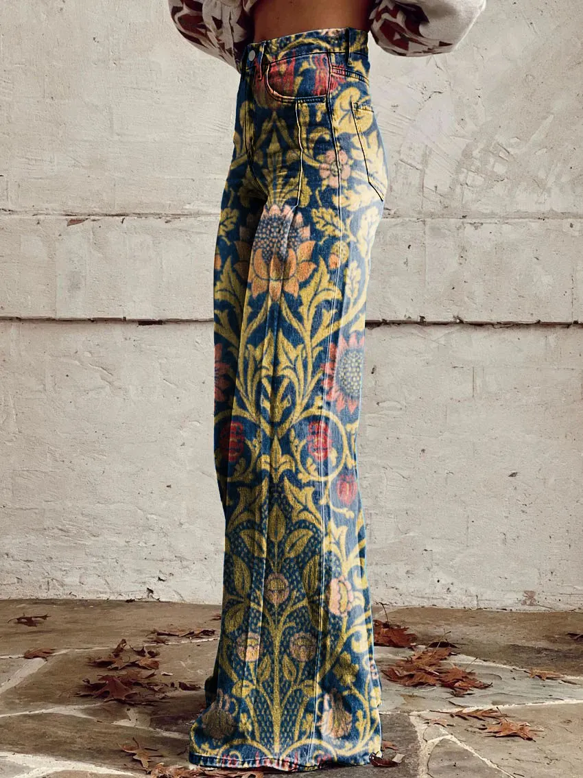 Vintage Floral Print Casual Wide-Leg Pants