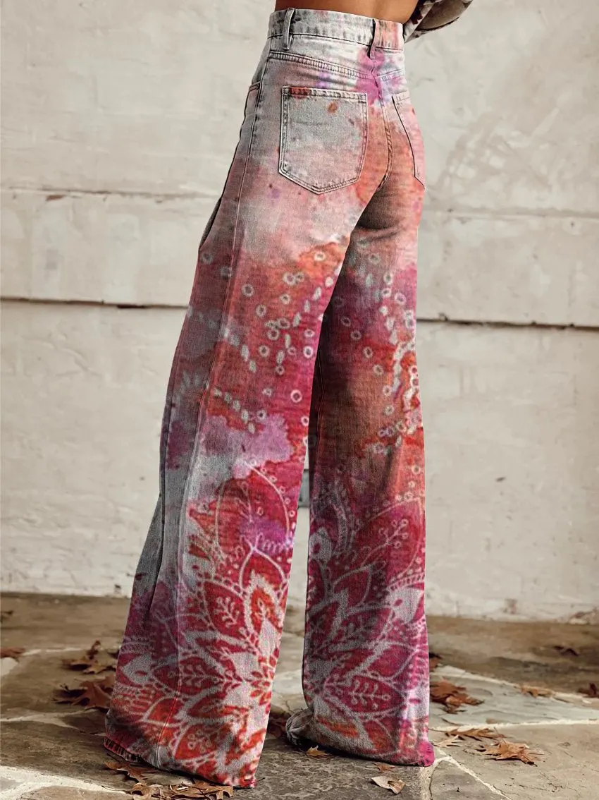 Vintage Print Casual Wide-Leg Pants