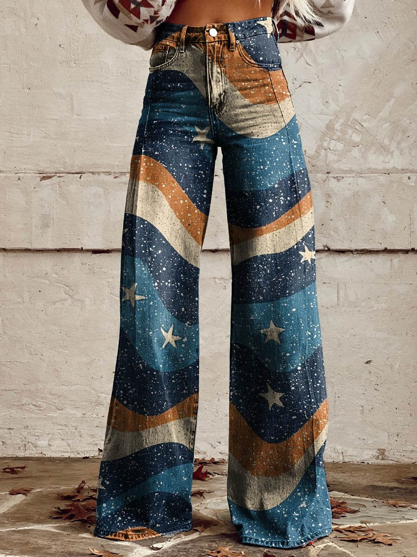 Blue Wavy Stars Print Casual Wide-Leg Pants
