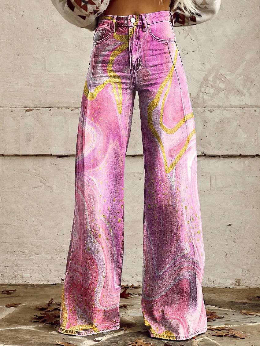 Pink Texture Print Casual Wide-Leg Pants