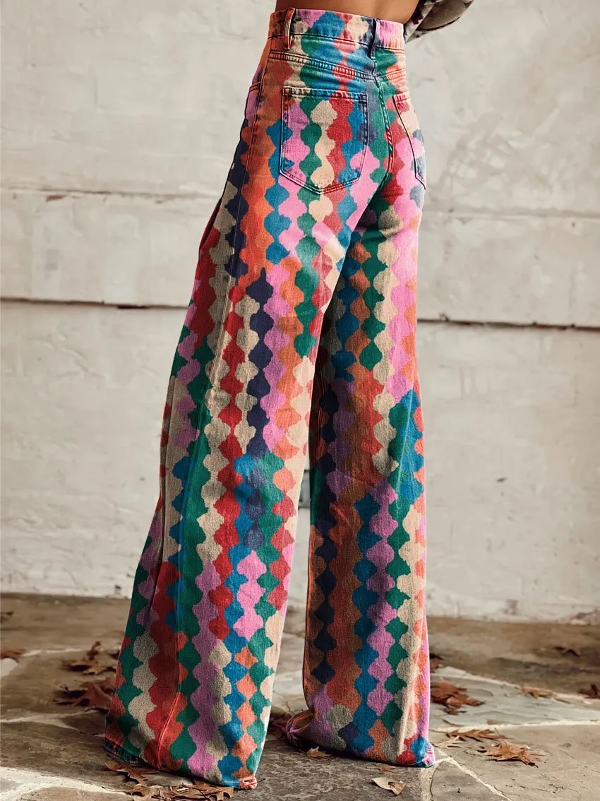Vintage Print Casual Wide-Leg Pants