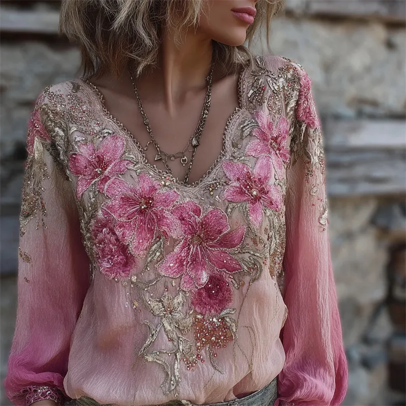 Boho Pink Lily Floral Glitter Gradient Flowy Linen Tunic