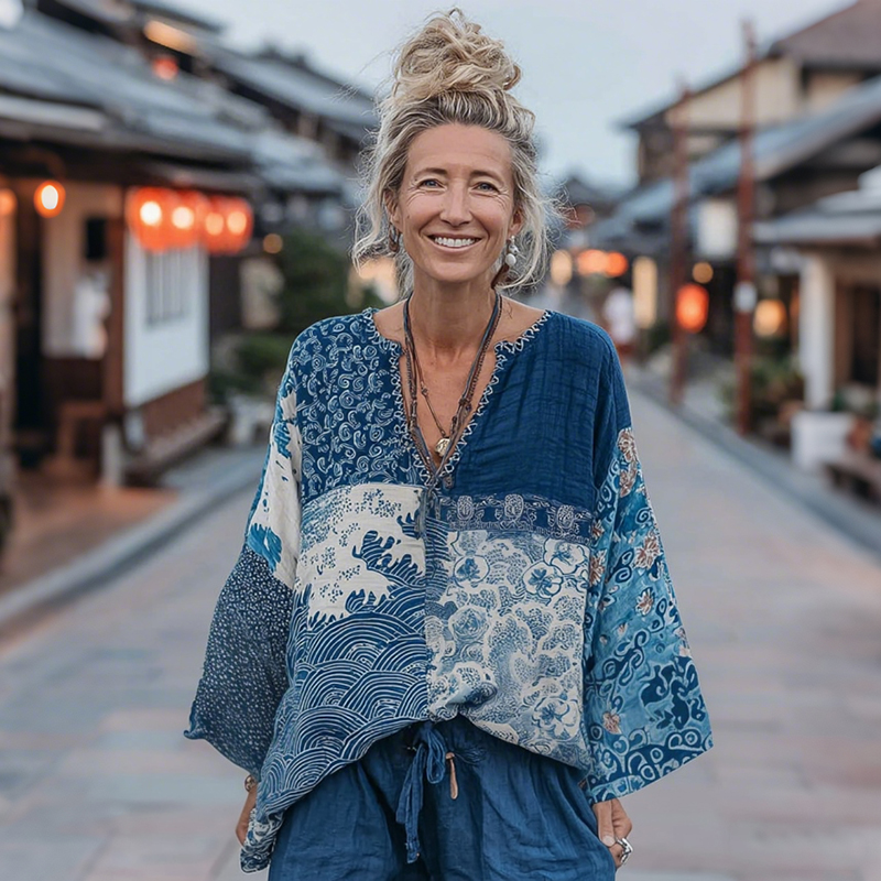 Japanese Style Floral Wave Patchwork Pattern Cozy Top