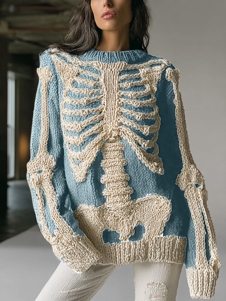 Women's Vintage Halloween Skull Embroidered Sweater