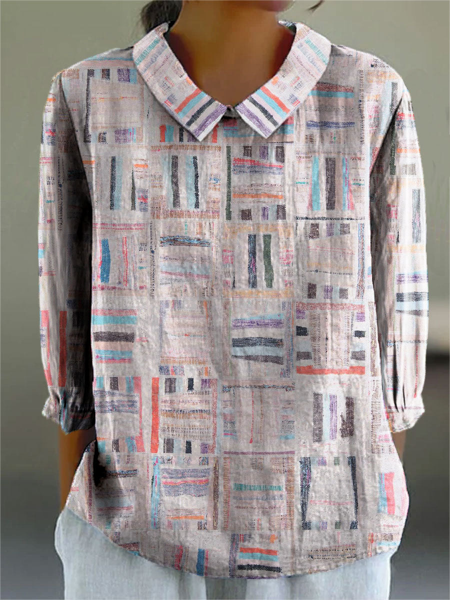 Vintage Geometric Art Print Casual Cotton & Linen 3/4 Sleeve Shirt