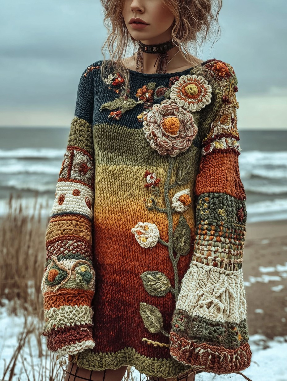 Vintage floral crochet multi-color patchwork comfortable knitted pullover sweater