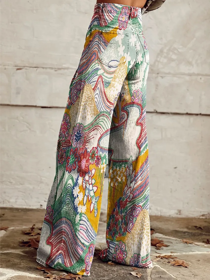 Vintage Print Casual Wide-Leg Pants