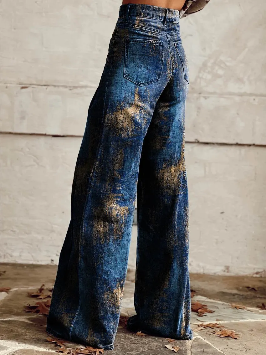 Blue Print Casual Wide-Leg Pants