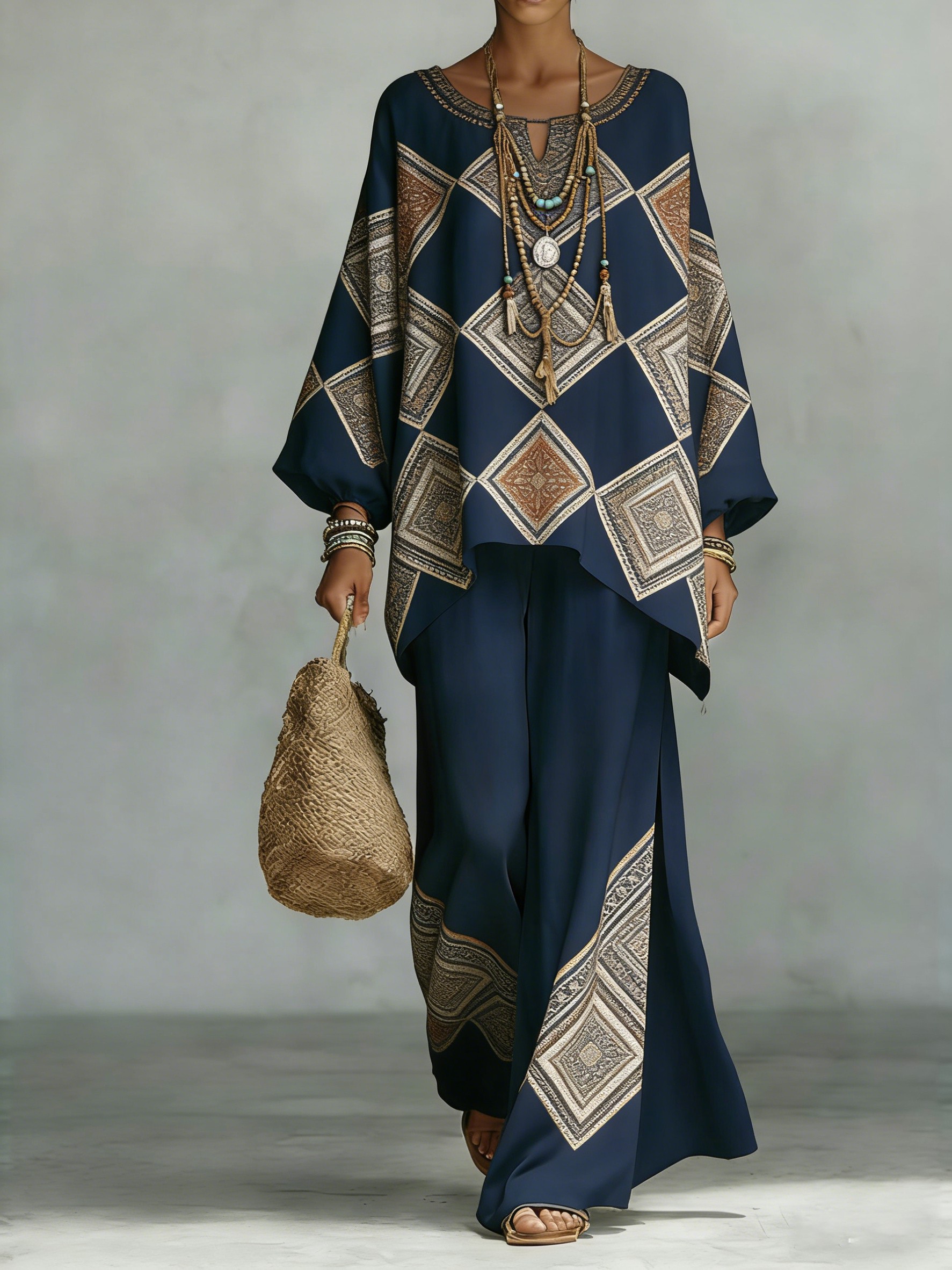 Comfortable & loose print pattern cotton & linen wide-leg pants two-piece set