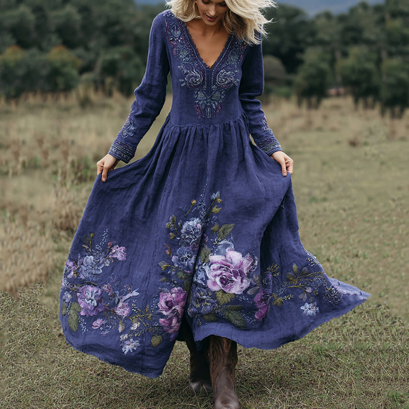 Vintage Classy Purple Floral Embroidered Maxi Dress