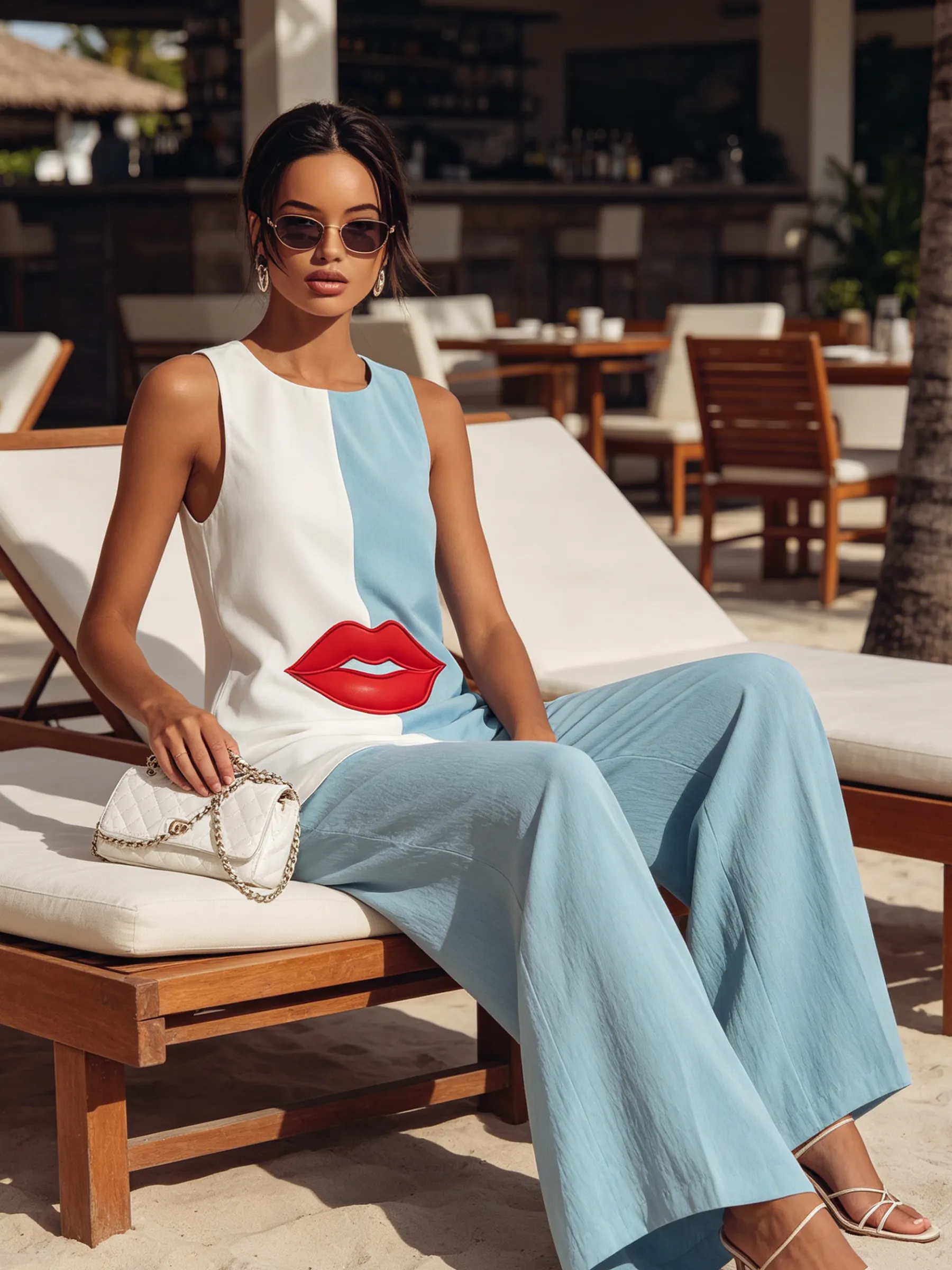 Two-Tone Lip Print Sleeveless Tunic & Wide-Leg Pants Set
