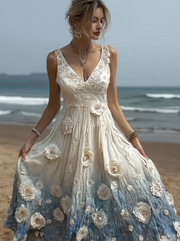 Bohemian Style Plant Flower Gradient Color Long Dress