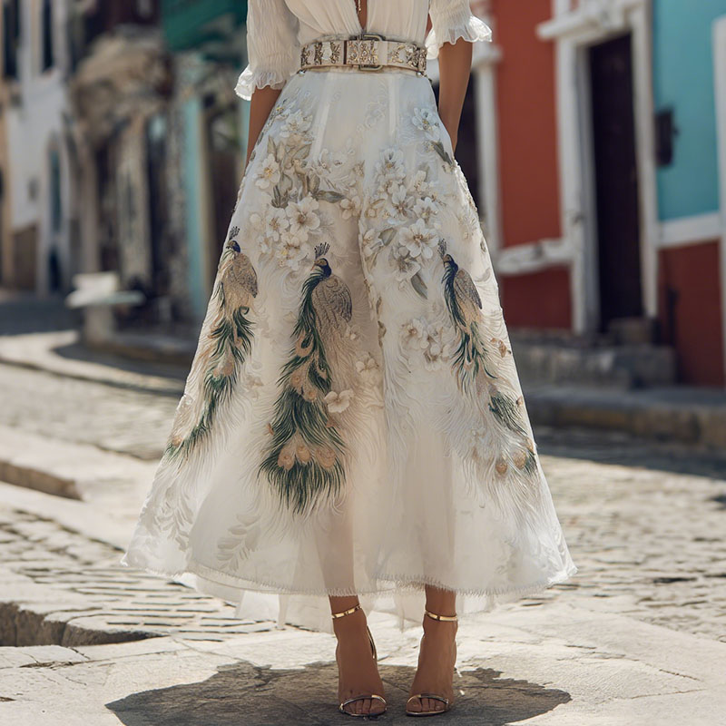 Women's Retro Floral With Peacock Art Linen Blend Casual Maxi Skirt
