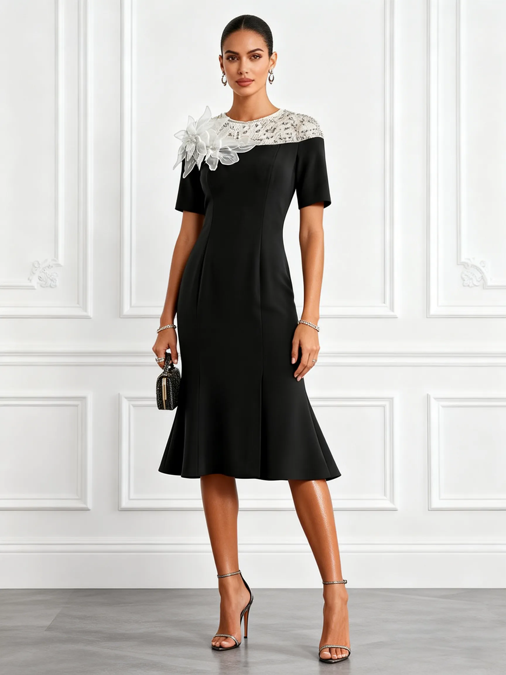 Black 3D Floral Lace Classic Crew Neck Short-Sleeve Mermaid Midi Dress