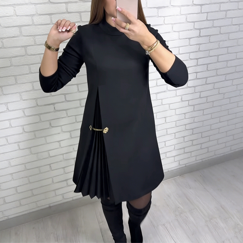 Sophisticated A-Line Dress with Pleated Detail & Gold Chain
