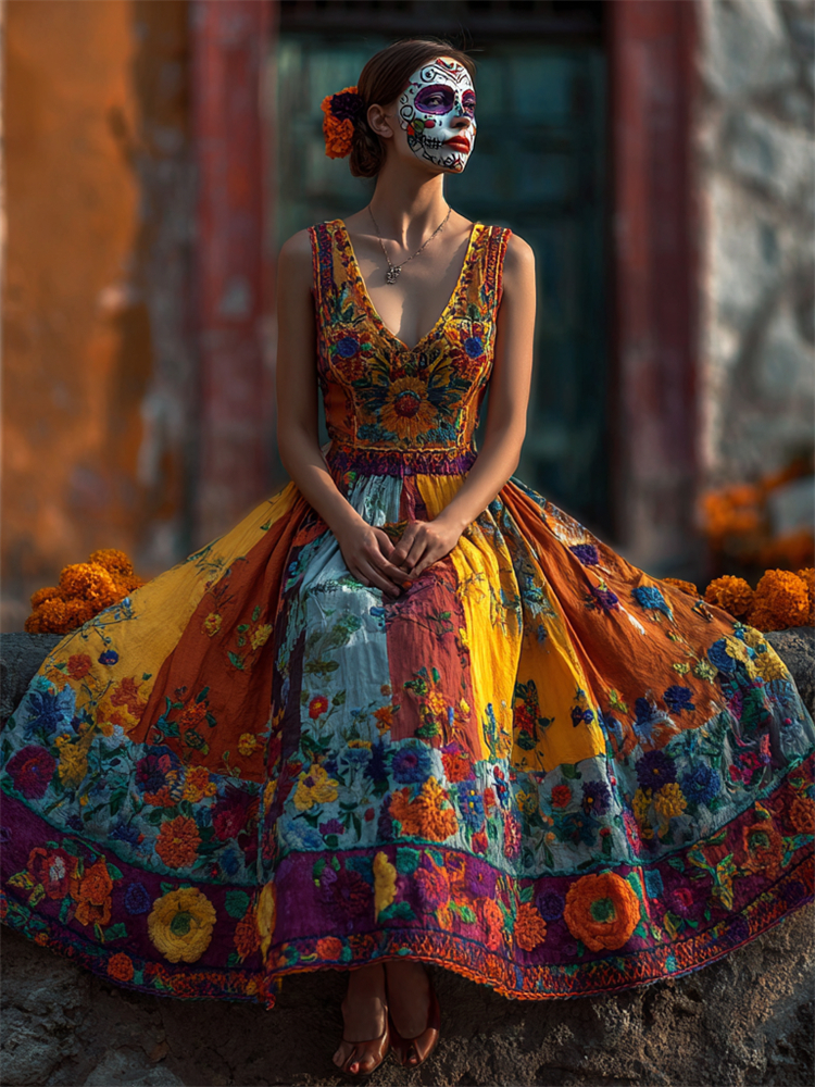 Day Of The Dead Marigolds Floral Embroidered Colorblock Linen Maxi Evening Dress