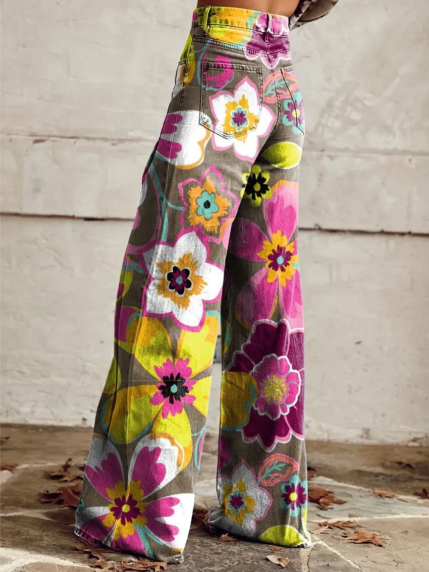 Vintage Print Casual Wide-Leg Pants