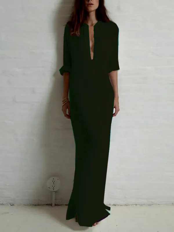 Linen Blend Breathable Side Split Maxi Shirt Dress