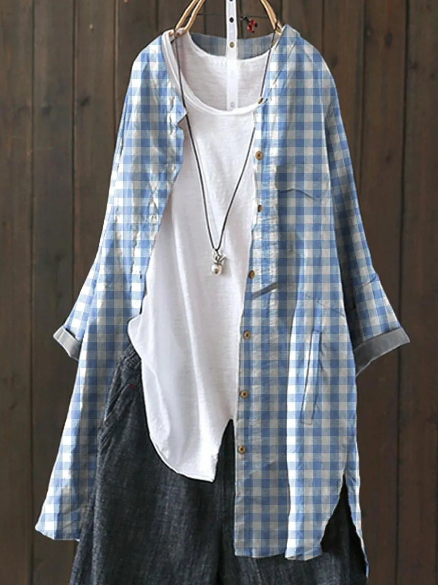 Blue & White Plaid Pattern Printed Women's Loose Casual Top Jacket