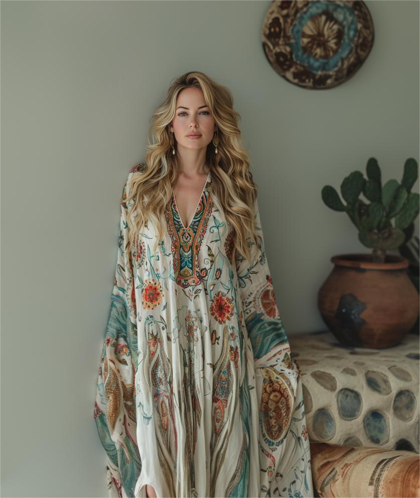 Contton & Linen Long-Sleeve Kaftan Maxi Dress