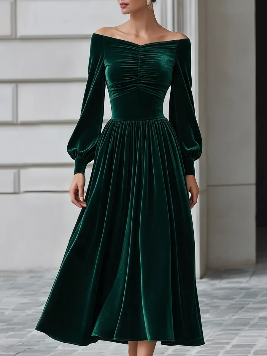 Green Off-Shoulder Ruched Velvet A-Line Midi Dress