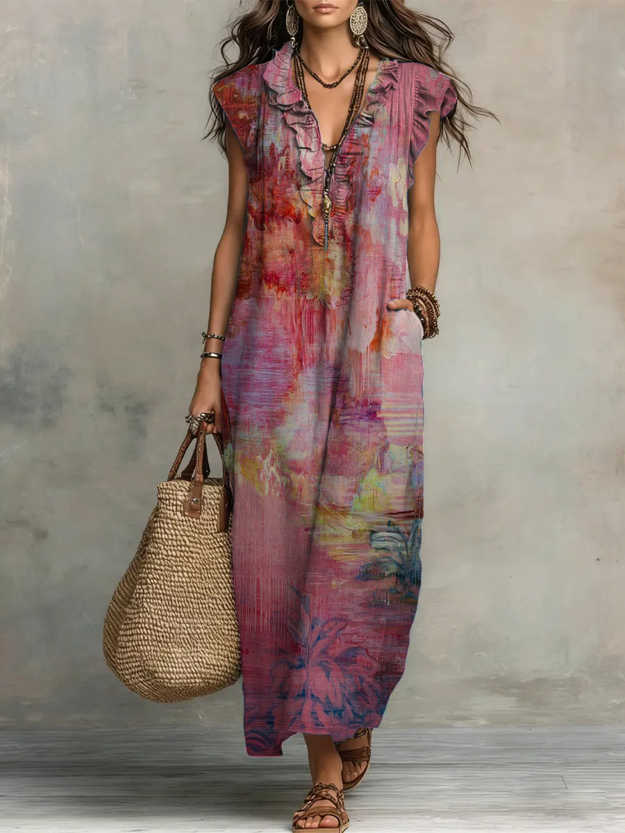 Art Print V-Neck Ruffle-Trim Maxi Dress