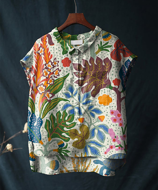 Vintage Floral Print Short-sleeved Cotton & Linen Shirt