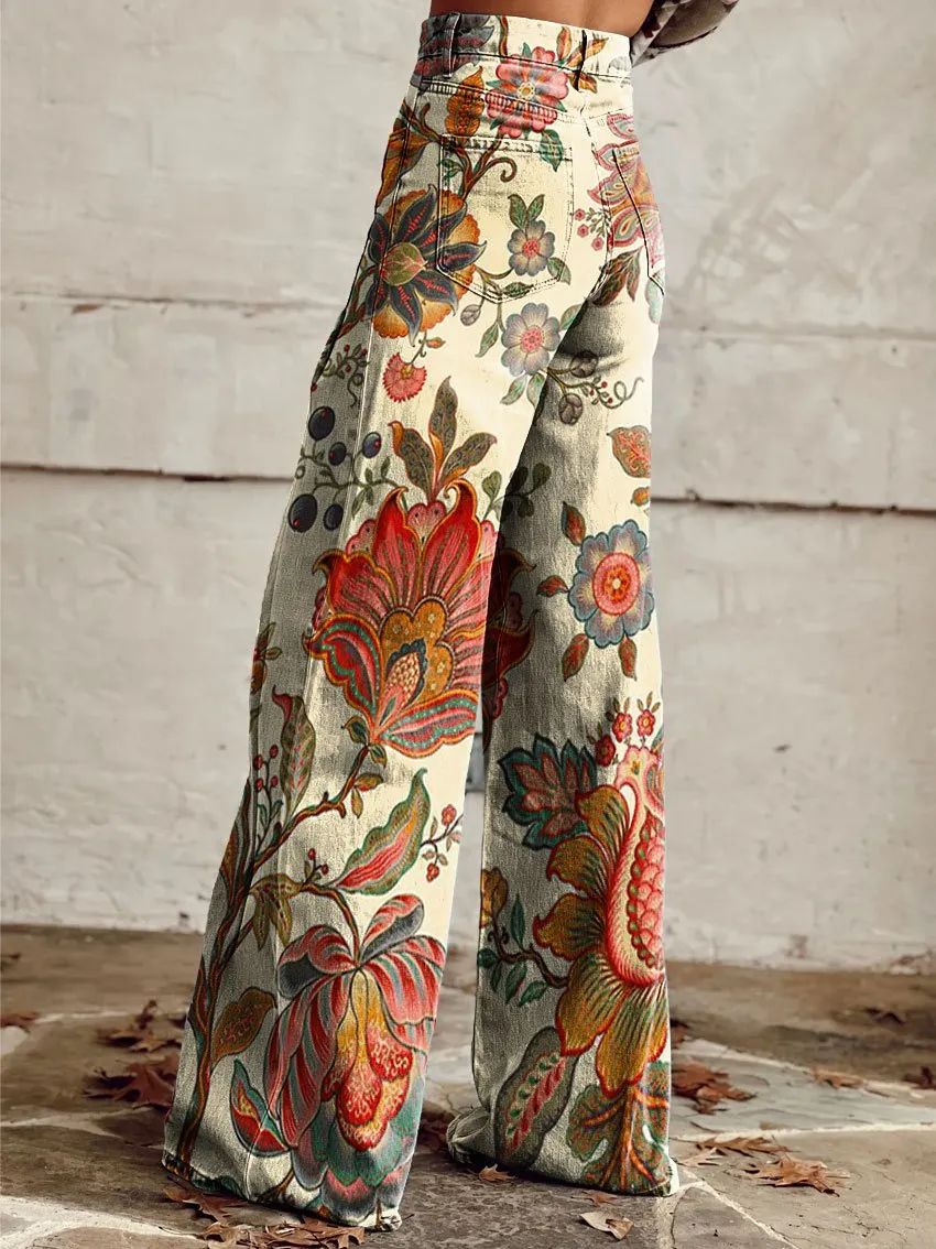 Vintage Wild West Print Casual Wide-Leg Pants
