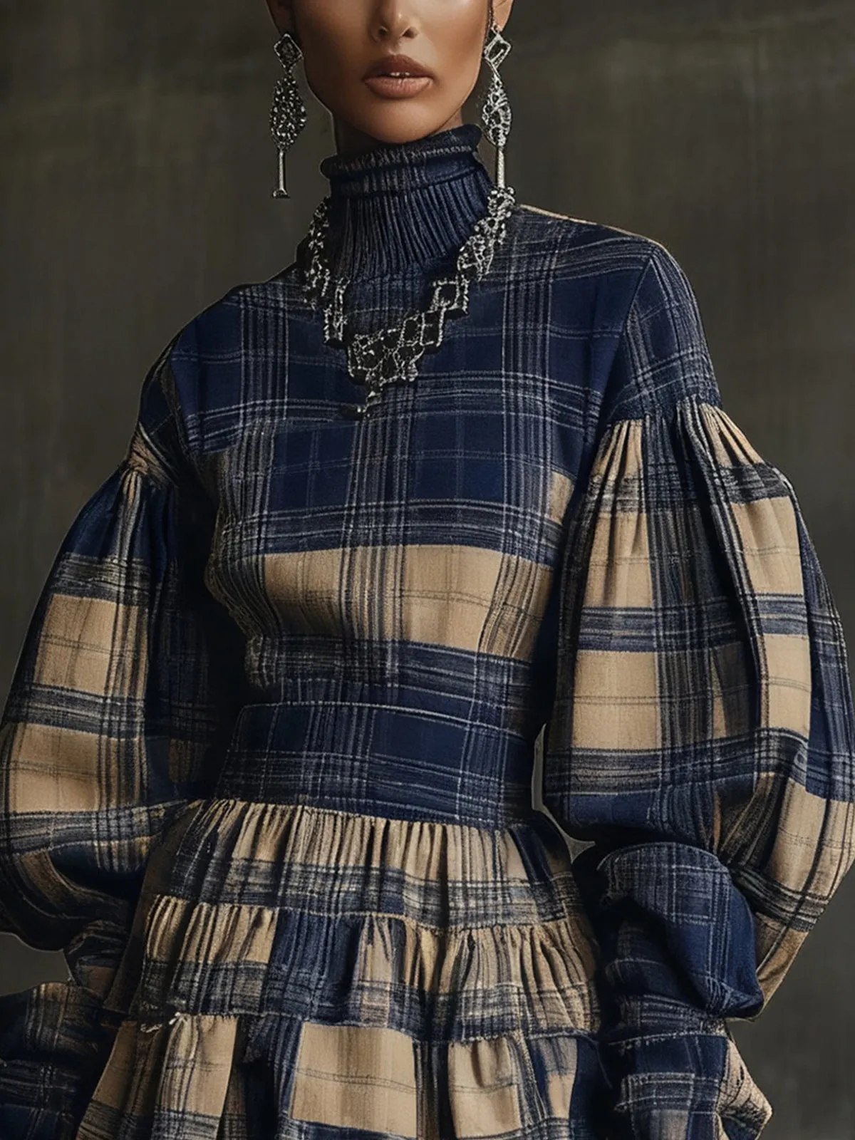 Checked High-Neck Balloon Sleeve Mini Dress