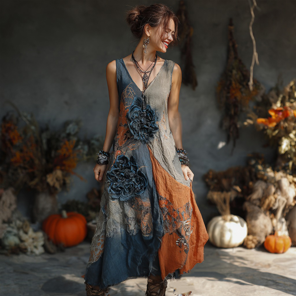 Women's Boho Witch Floral Sleeveless Evening Dress