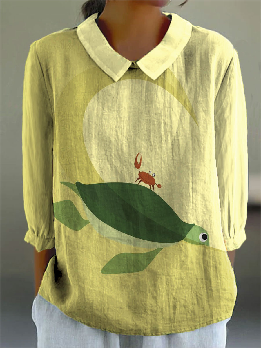Vintage Turtle Art Print Casual Cotton & Linen 3/4 Sleeve Shirt