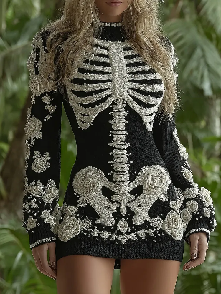 Women's Halloween Skeleton Bones With White Rose Art Hot Sexy Style Cozy Knit Mini Sweater Dress
