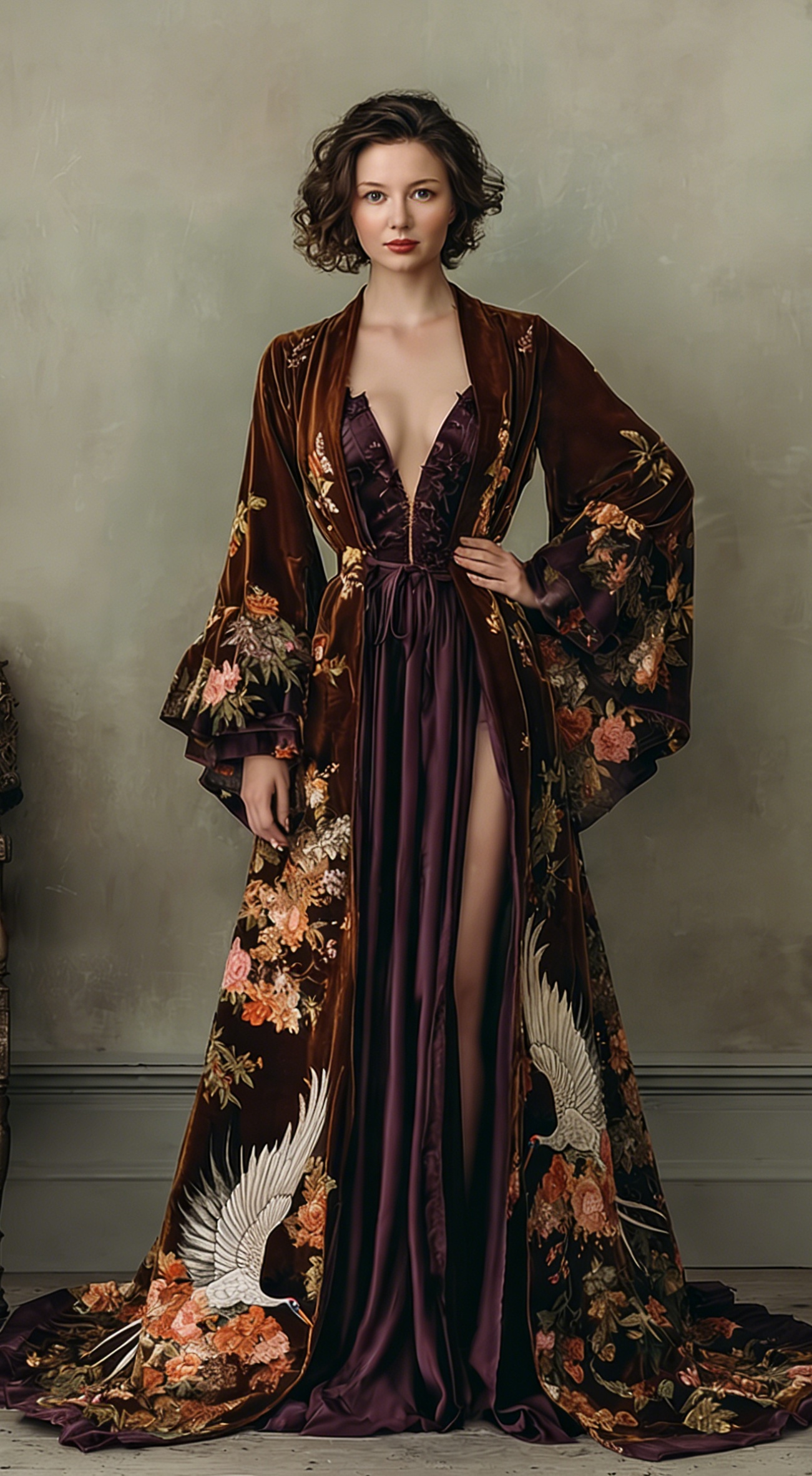 Women's Elegant Vintage Crane Art Print Brown Robe