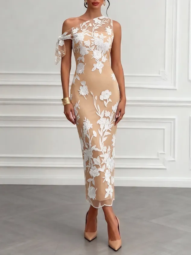 Pink Bow Lace One-Shoulder Sleeveless Sheath Maxi Dress