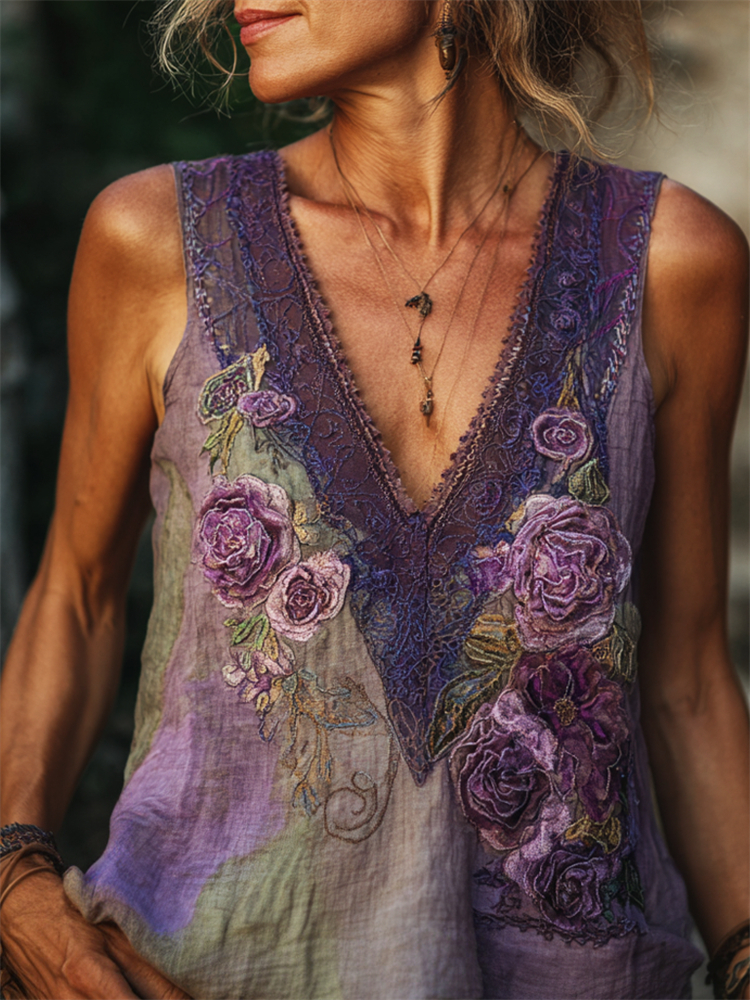 Vintage Glitter Purple Roses Embroidered Linen Tank Top